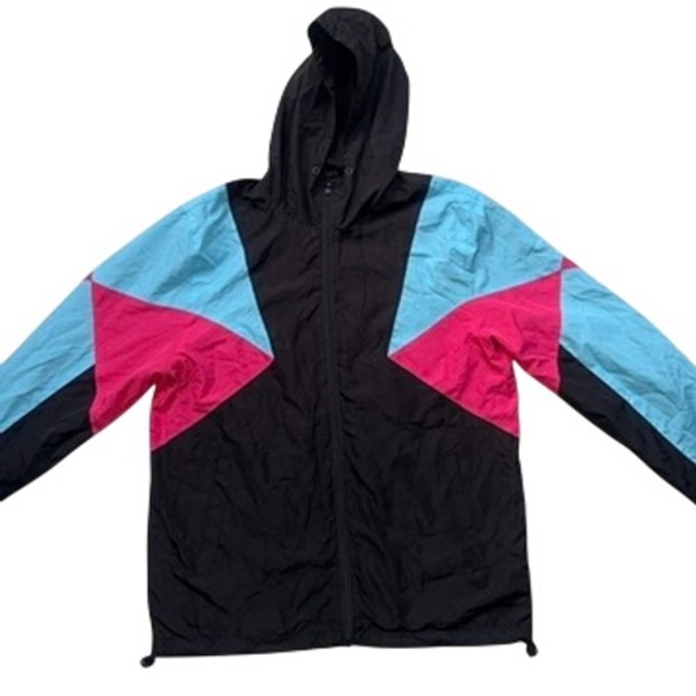 Retro Style Colorblock Windbreaker Jacket Small Mens Black Pink Blue Geometric